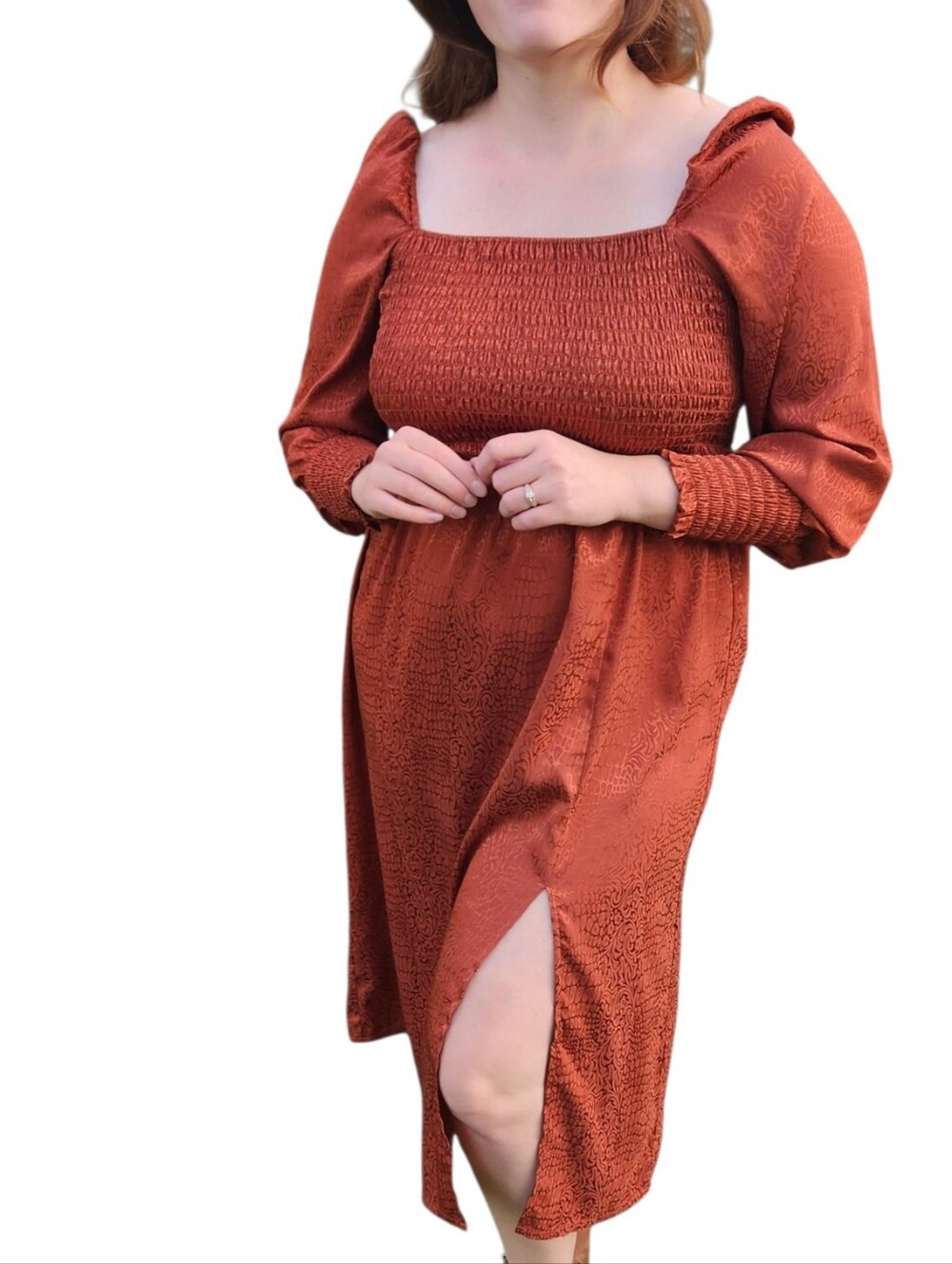 Wrangler Retro Dress Women's Size L Orange Shine Smocked Bodice Square Neck Slit